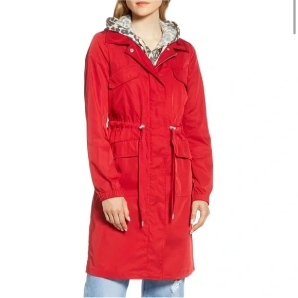 NWT Avec Les Filles Red Oversized Rain Anorak Hooded Trench Coat Women’s Small - Picture 1 of 13